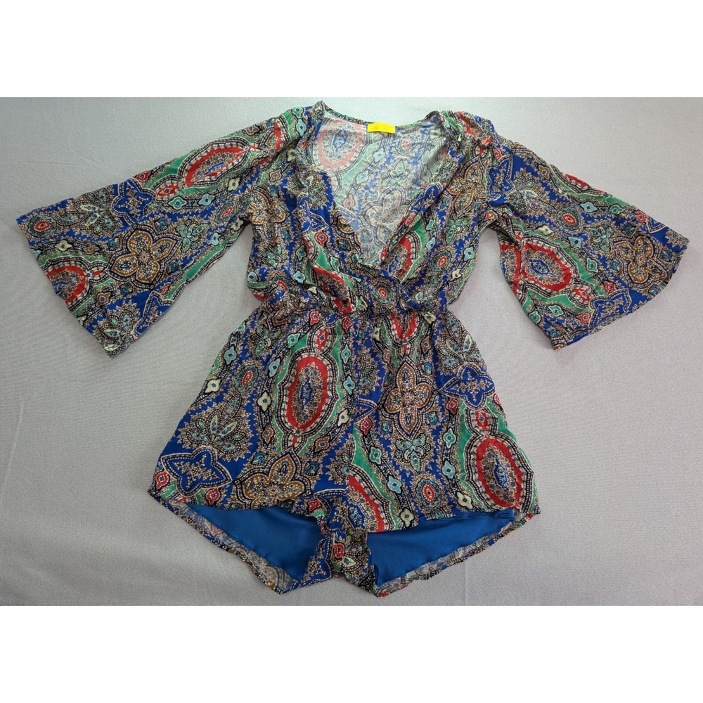 Dee Elle Romper Womens Small Blue Paisley Boho Bell Sleeve V-Neck Excellent